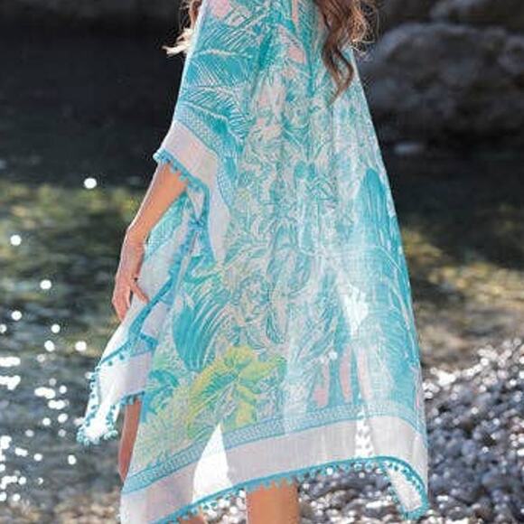 Belize Lightweight Boho Resort Wrap Kimono Cover Up Turquoise - Picture 2 of 4